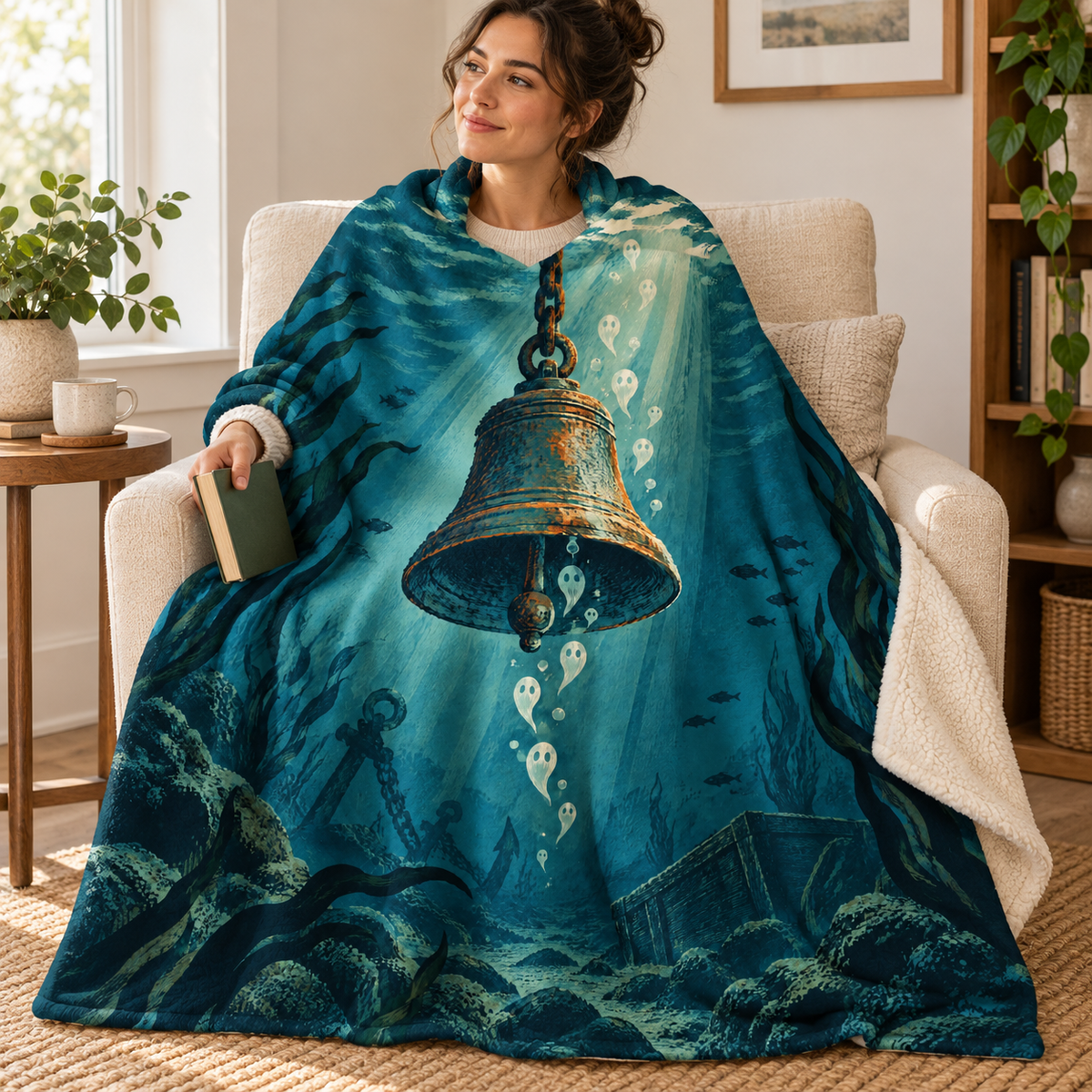 The Bell Below blanket, wrapped around a reader