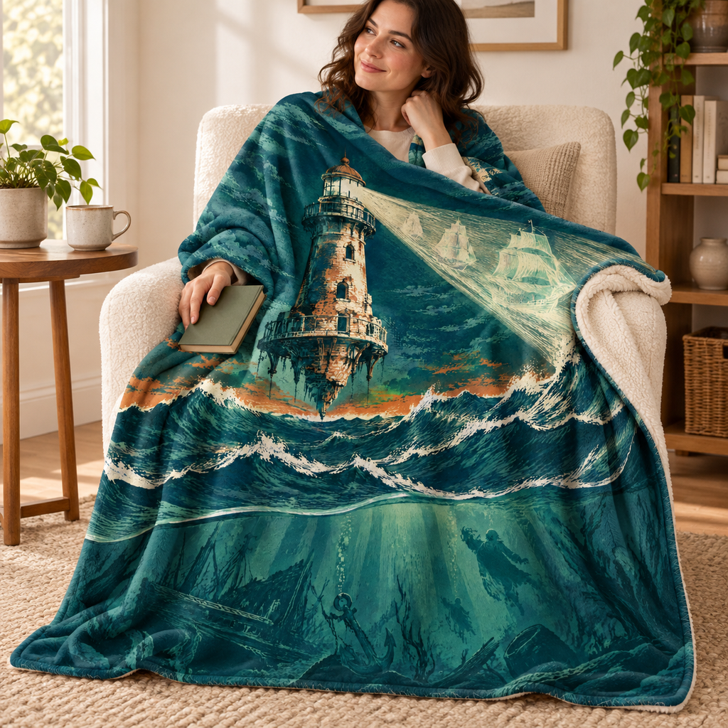The Lighthouse That Floats blanket, wrapped around a reader
