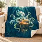 The Octopus and the Treasure Chest blanket, on a sofa