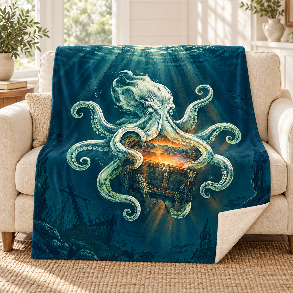 The Octopus and the Treasure Chest blanket, on a sofa