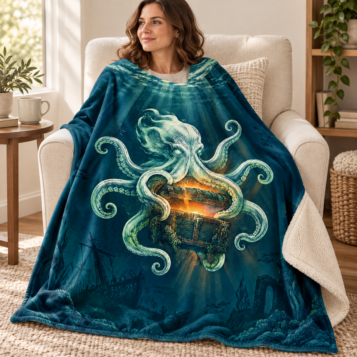 The Octopus and the Treasure Chest blanket, wrapped around a reader