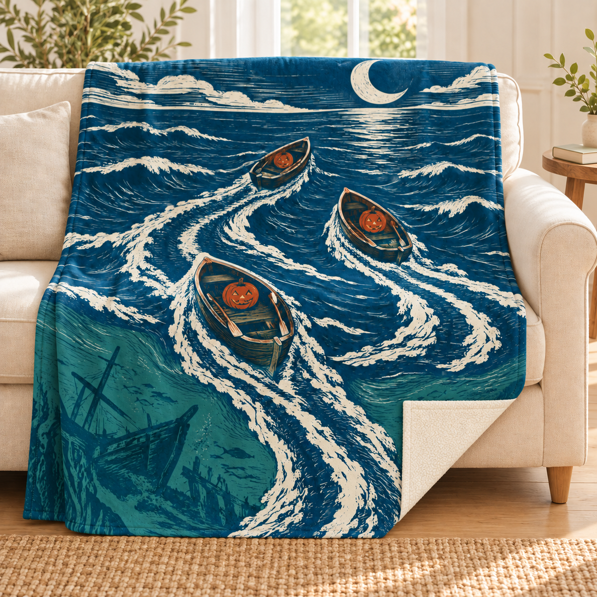 The Tide of Empty Boats blanket, on a sofa