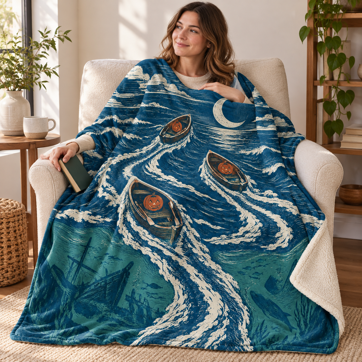 The Tide of Empty Boats blanket, wrapped around a reader