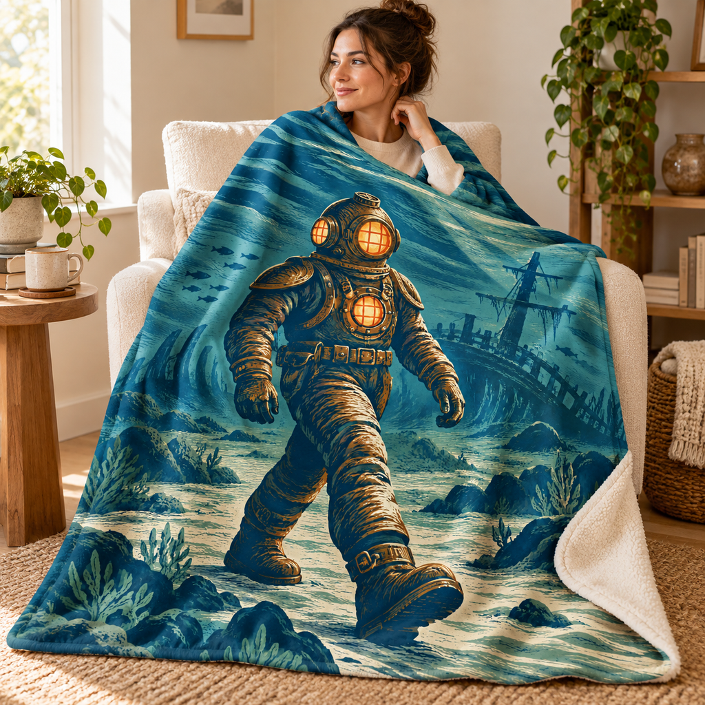 The Ghost Diver blanket, wrapped around a reader