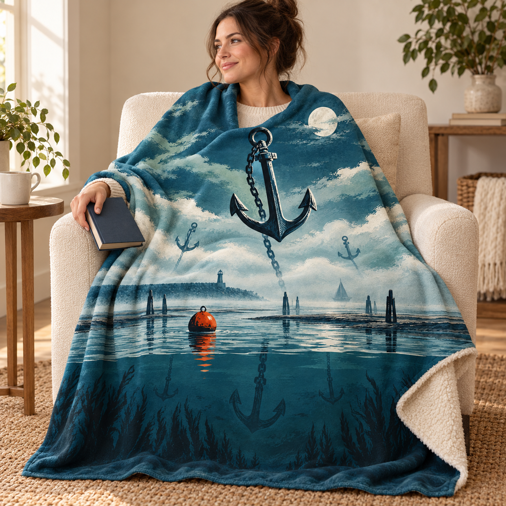 The Harbor of Lost Anchors blanket, wrapped around a reader