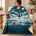 The Harbor of Lost Anchors blanket, wrapped around a reader