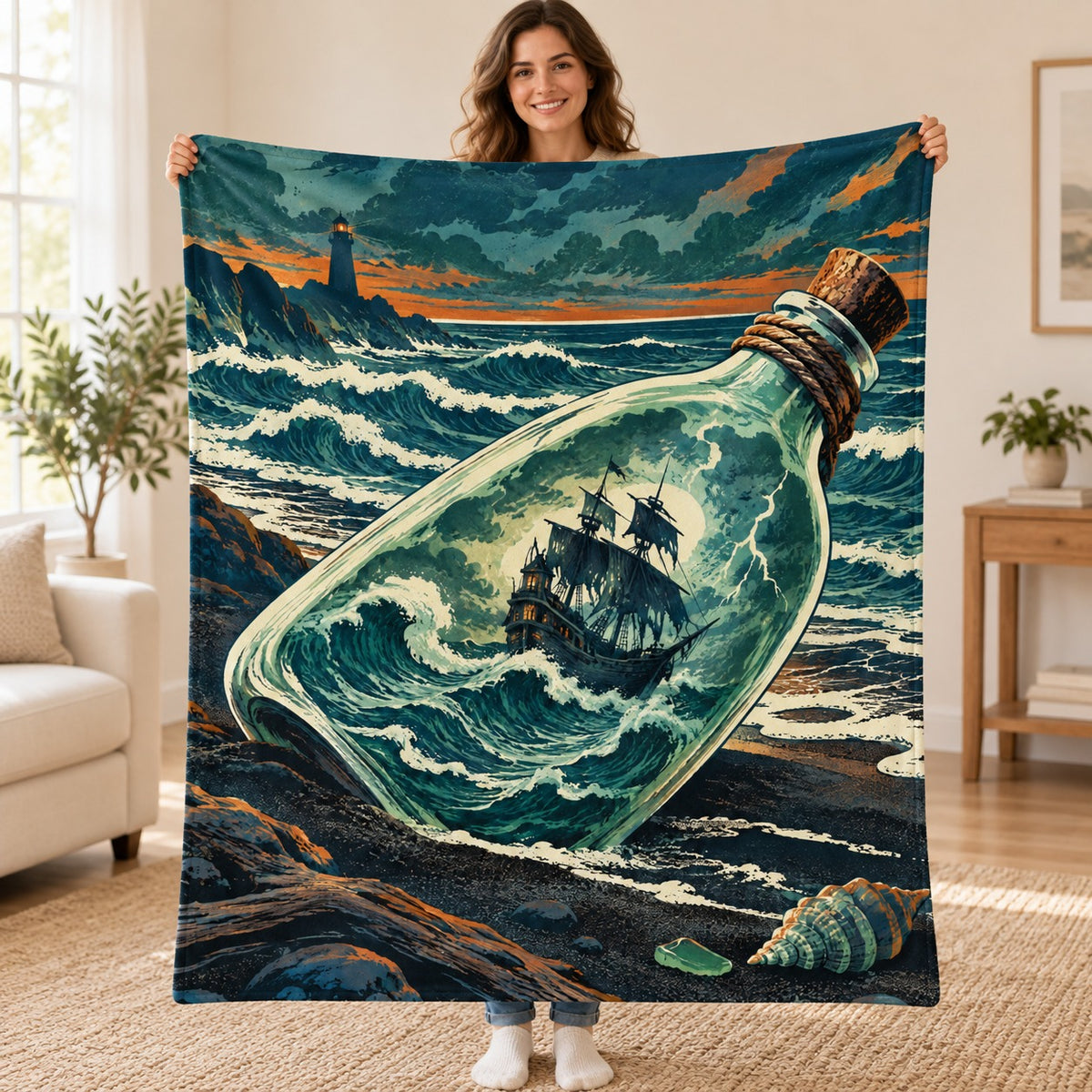 The Ship in the Bottle blanket, held open