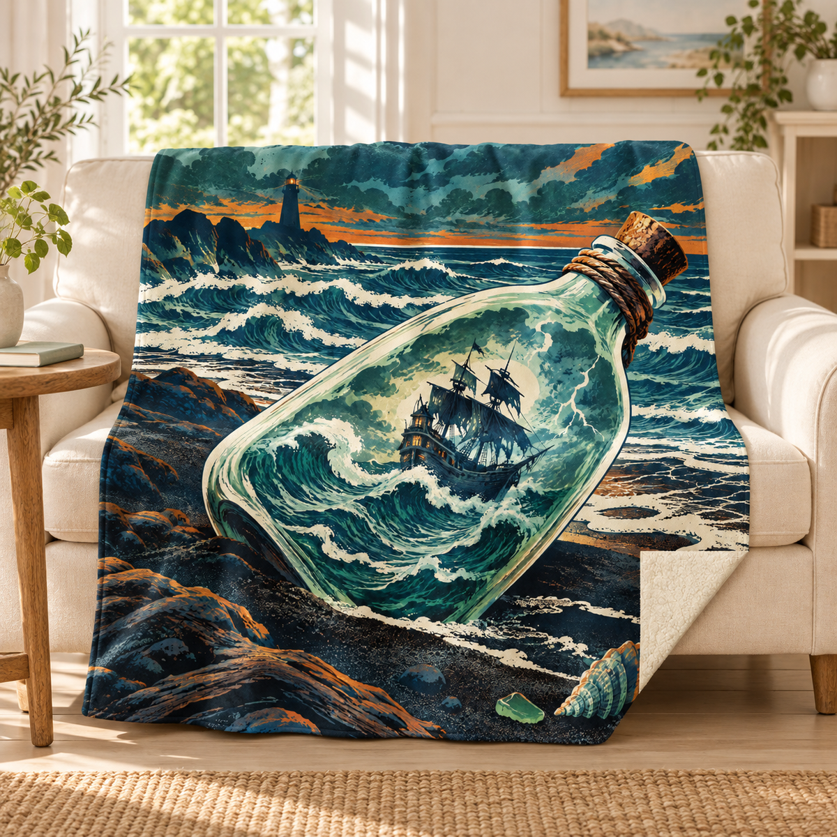 The Ship in the Bottle blanket, on a sofa