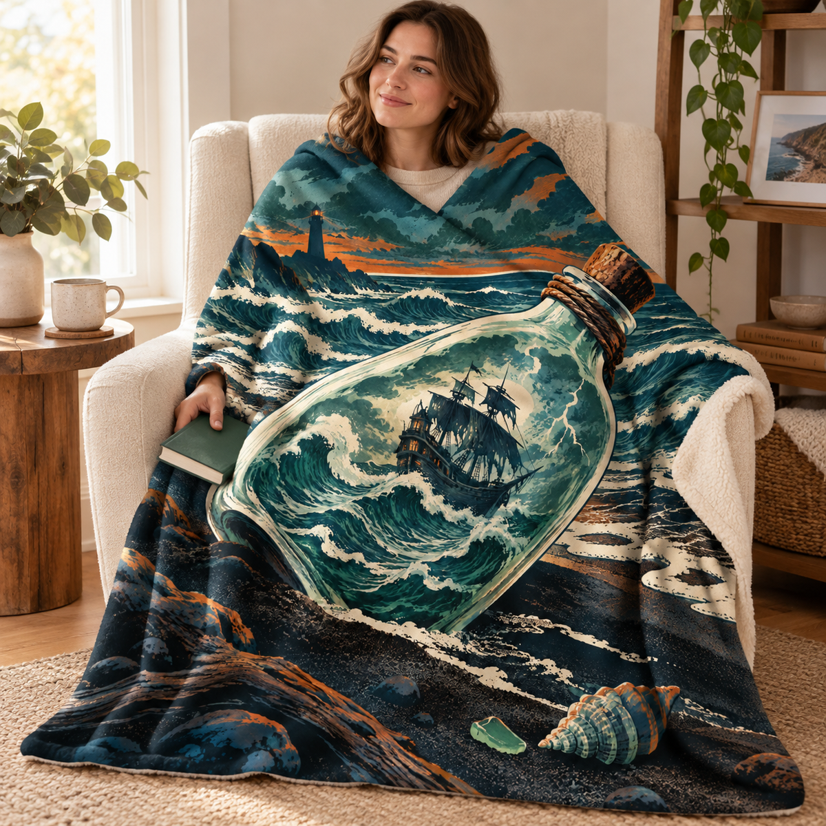 The Ship in the Bottle blanket, wrapped around a reader