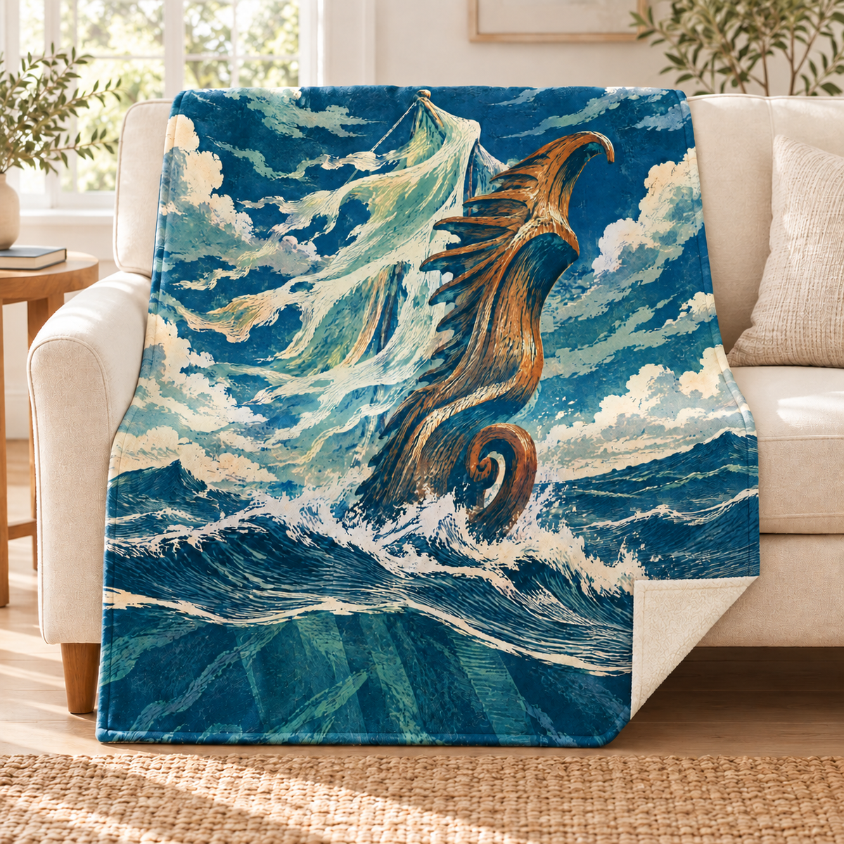 The Moonlit Figurehead blanket, on a sofa
