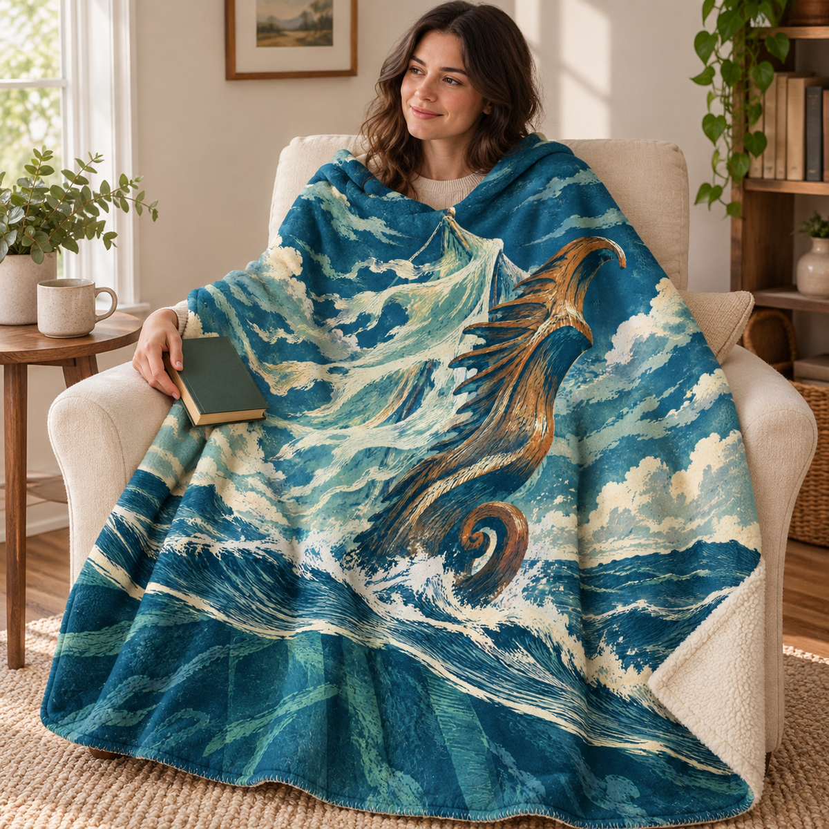 The Moonlit Figurehead blanket, wrapped around a reader