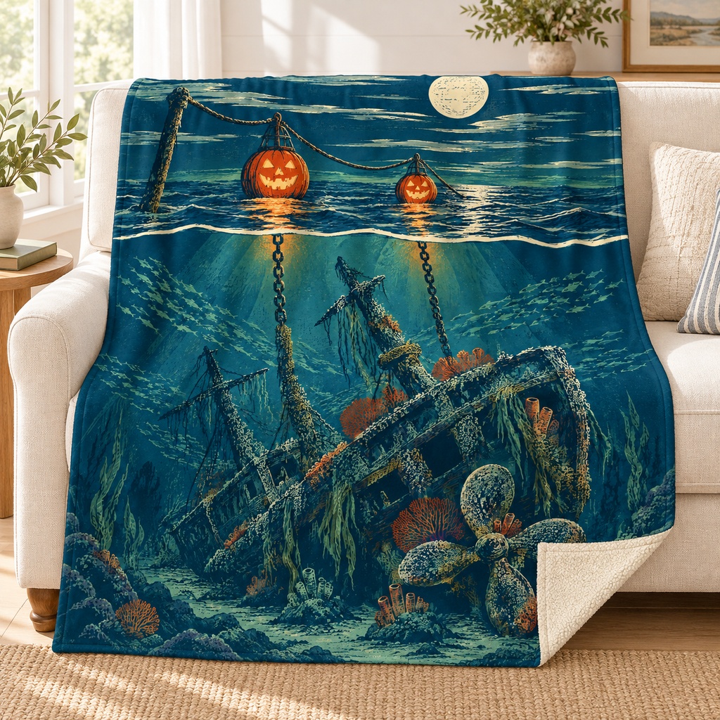The Pumpkin Buoy Reef blanket, on a sofa