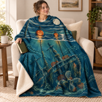 The Pumpkin Buoy Reef blanket, wrapped around a reader