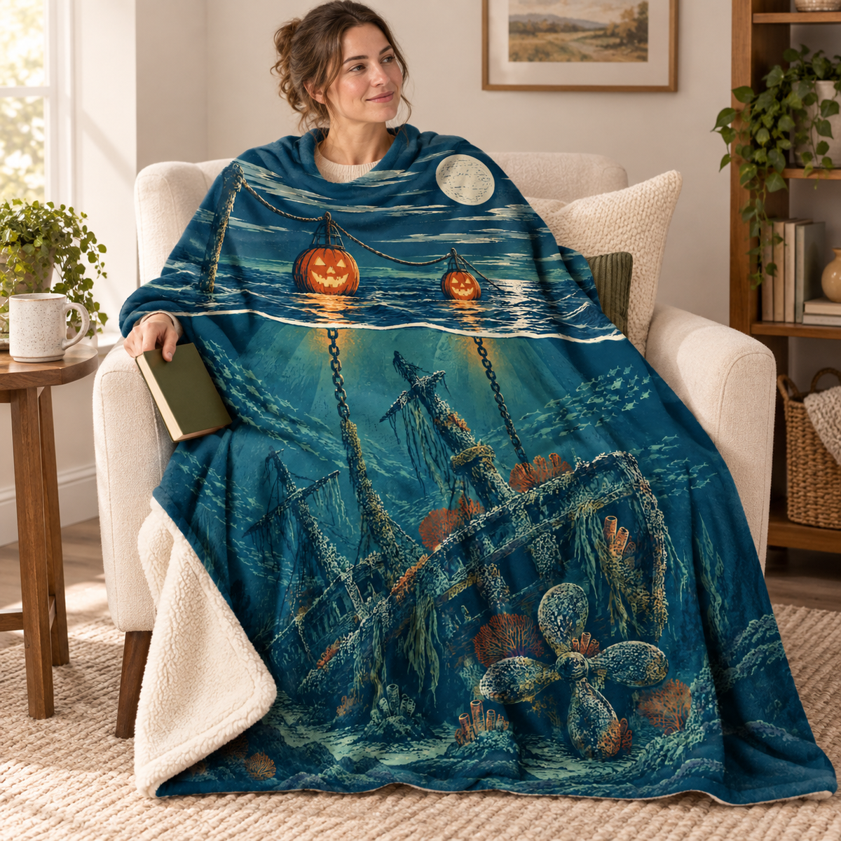 The Pumpkin Buoy Reef blanket, wrapped around a reader