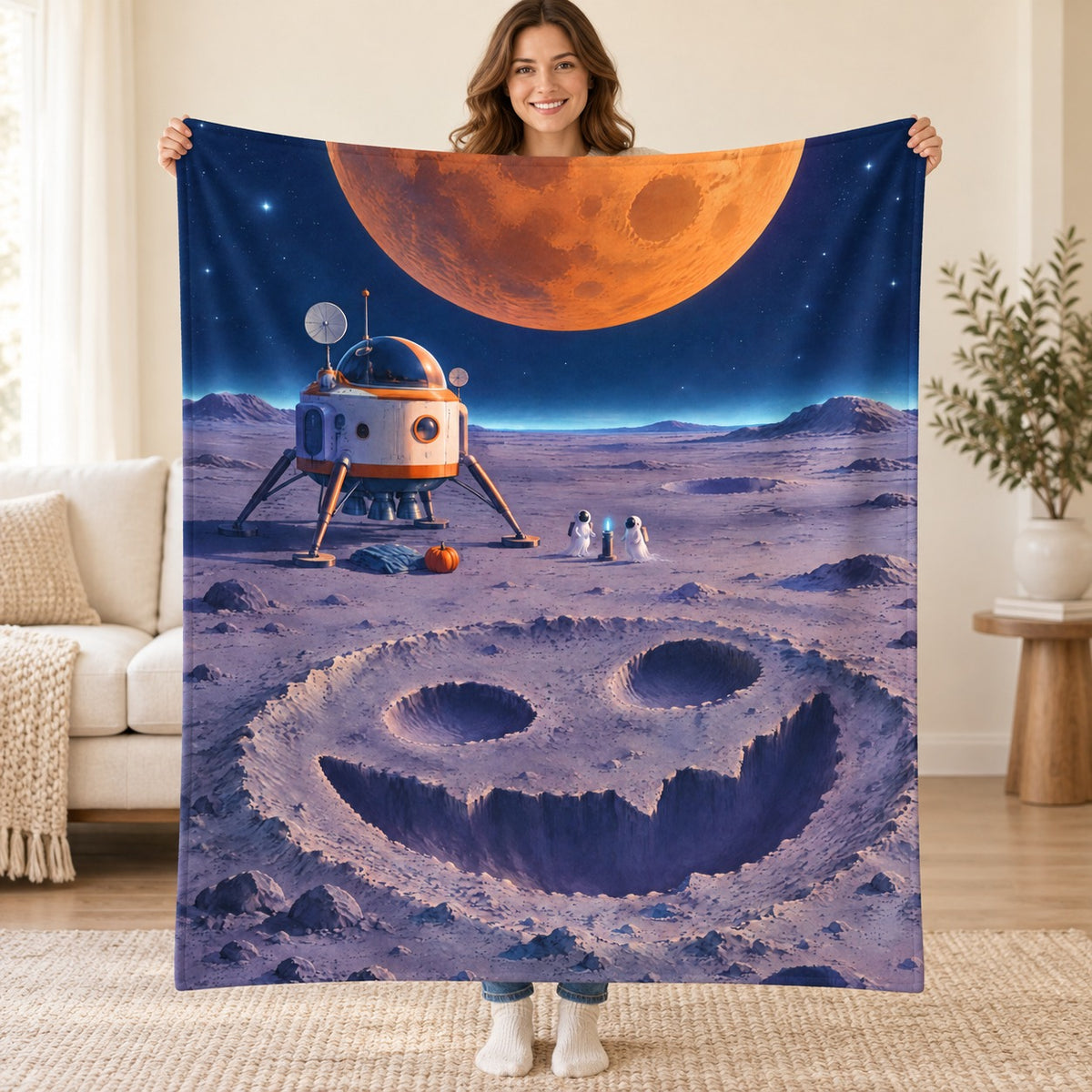 The Pumpkin Moon Landing blanket, held open