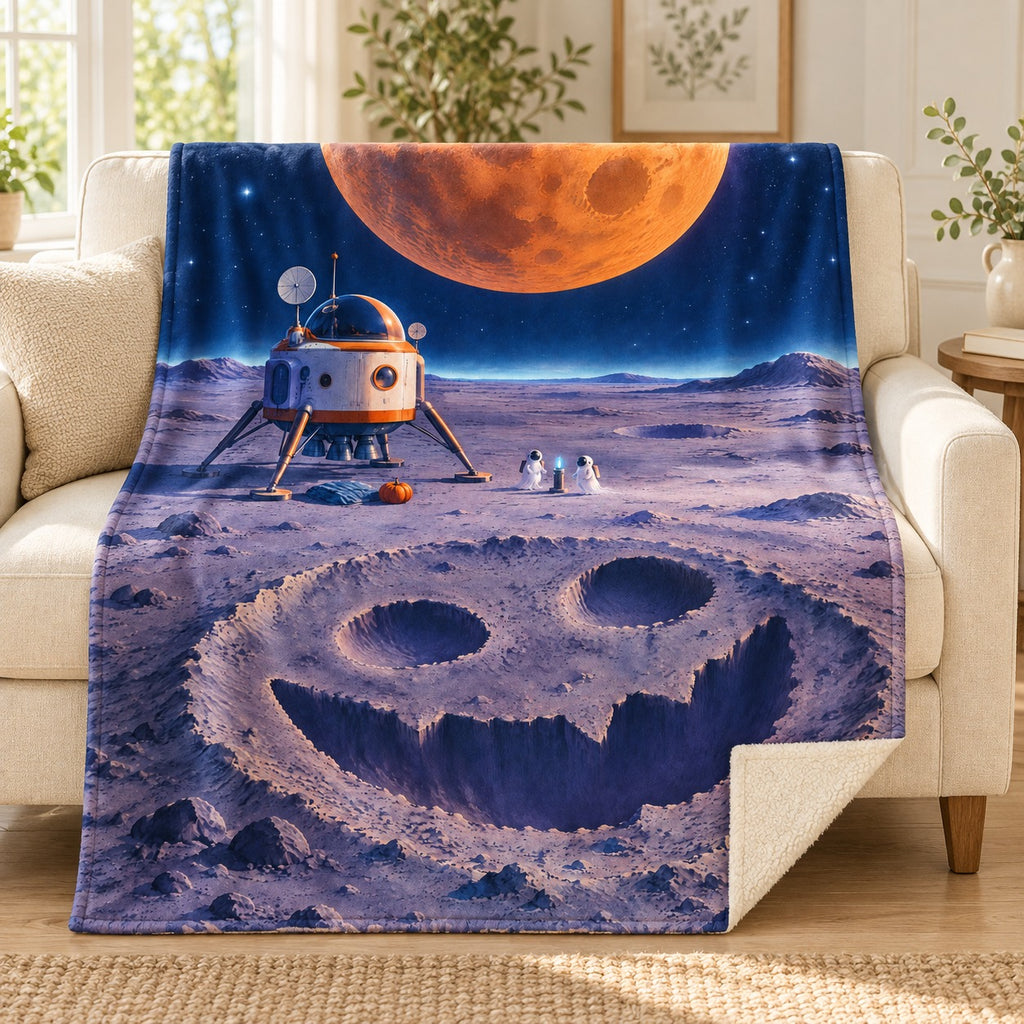 The Pumpkin Moon Landing blanket, on a sofa
