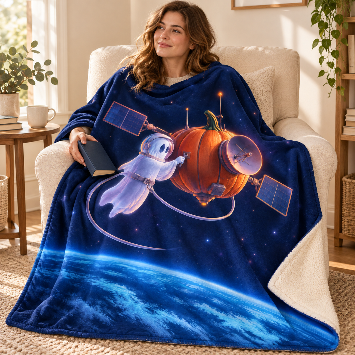 The Spectral Spacewalk blanket, wrapped around a reader