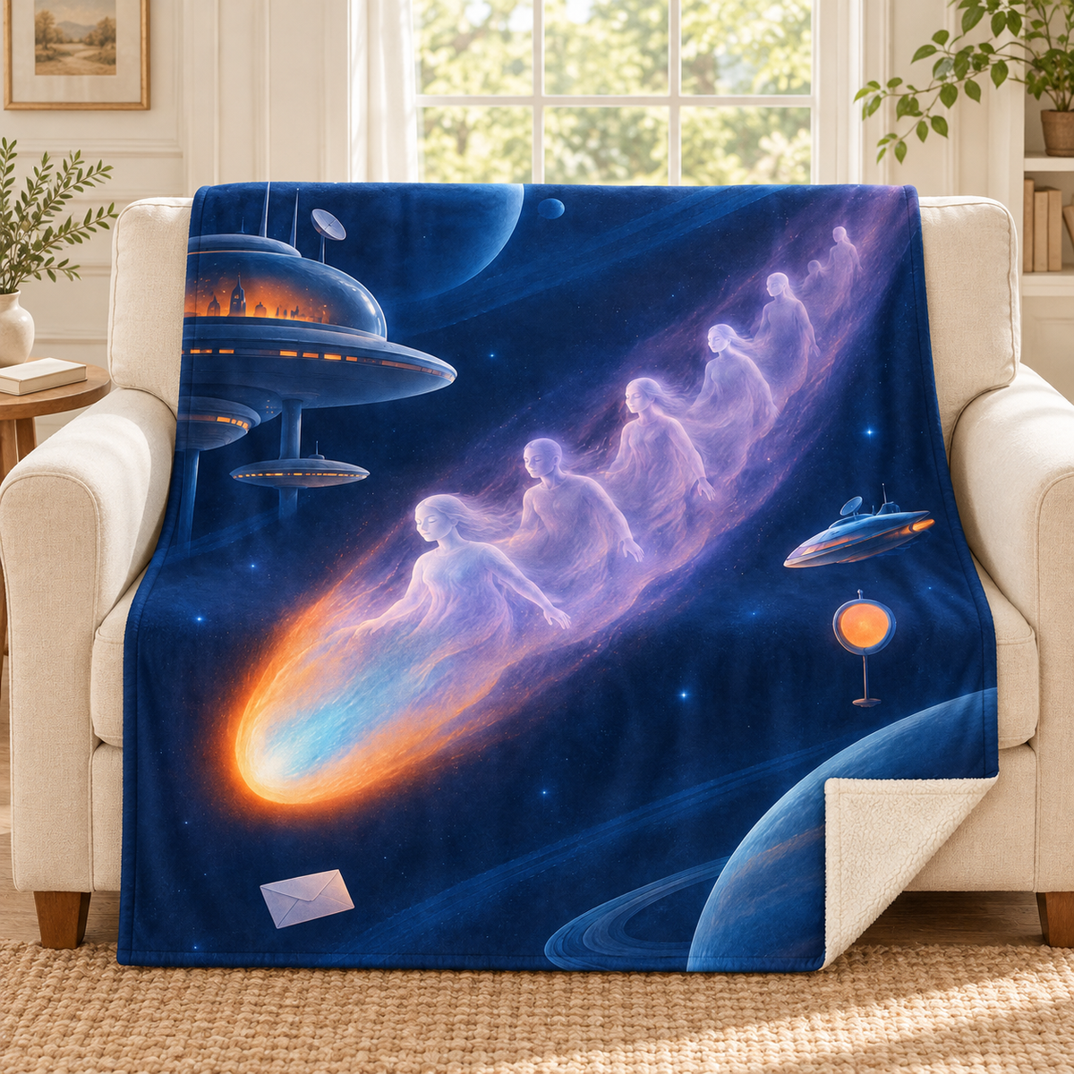 The Comet of Lost Spirits blanket, on a sofa