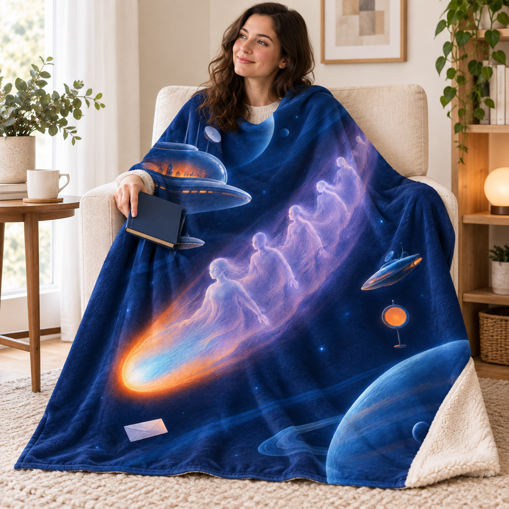 The Comet of Lost Spirits blanket, wrapped around a reader