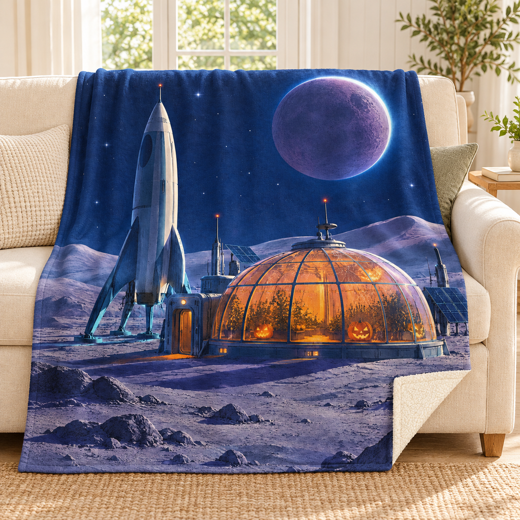 The Abandoned Moon Base blanket, on a sofa