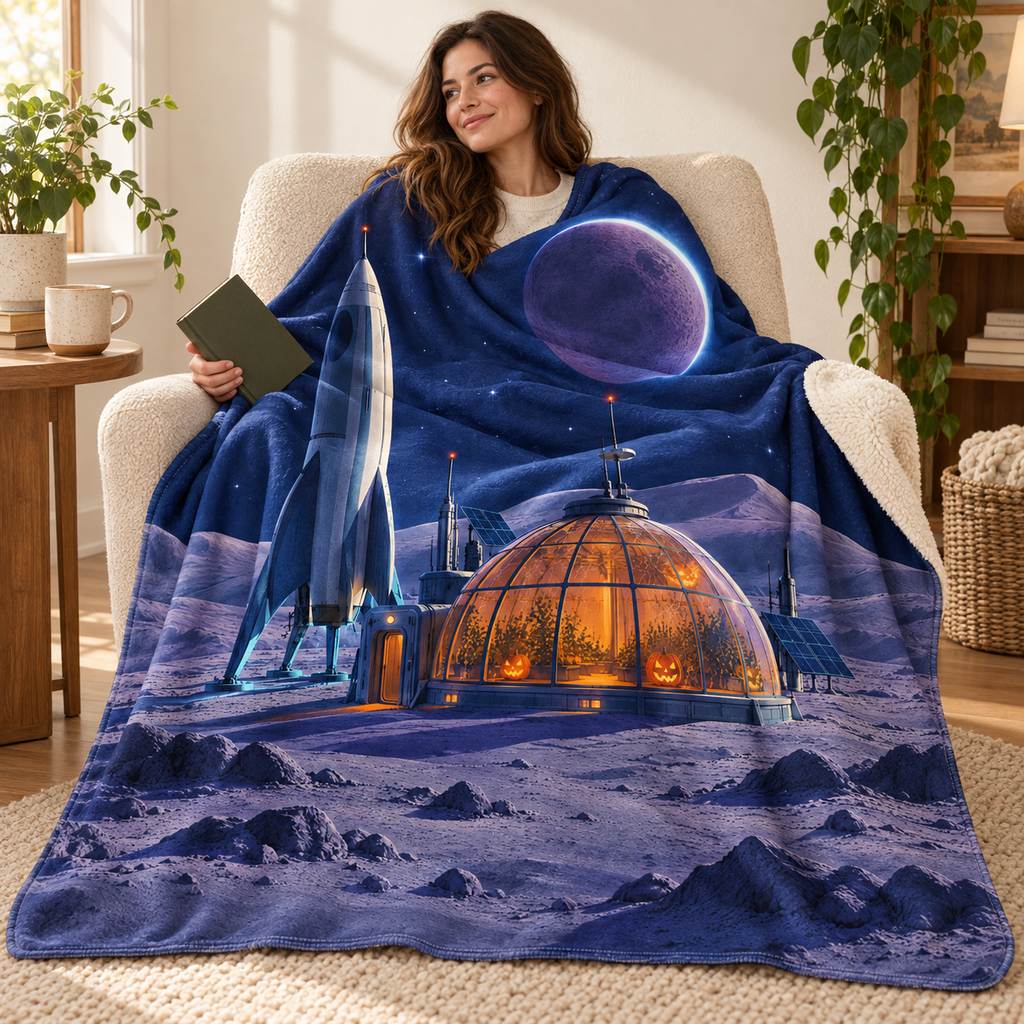 The Abandoned Moon Base blanket, wrapped around a reader