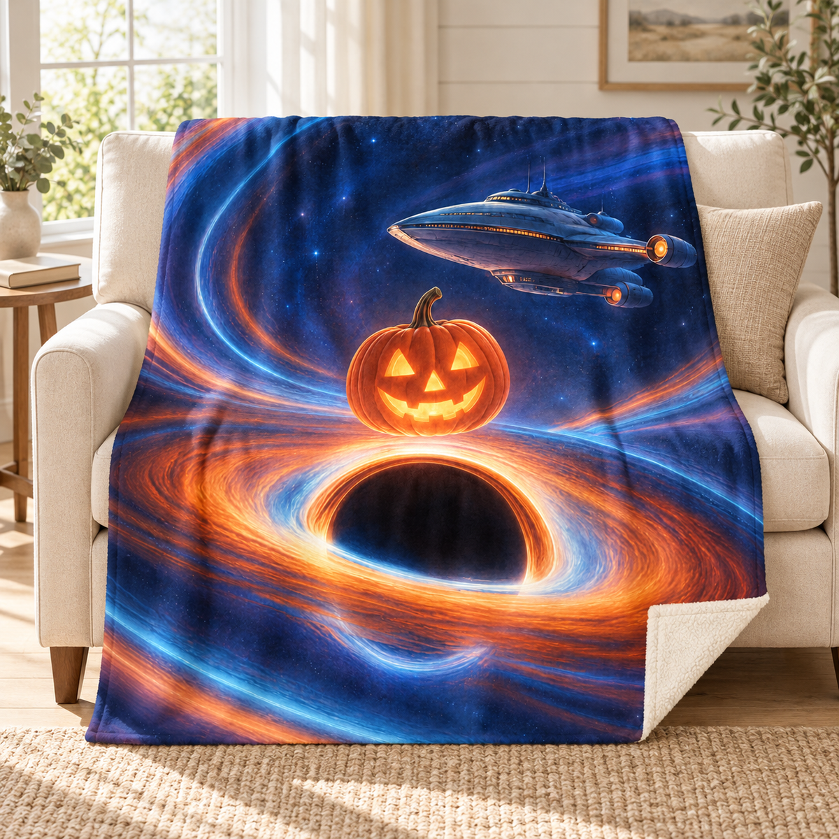 The Black Hole Lantern blanket, on a sofa