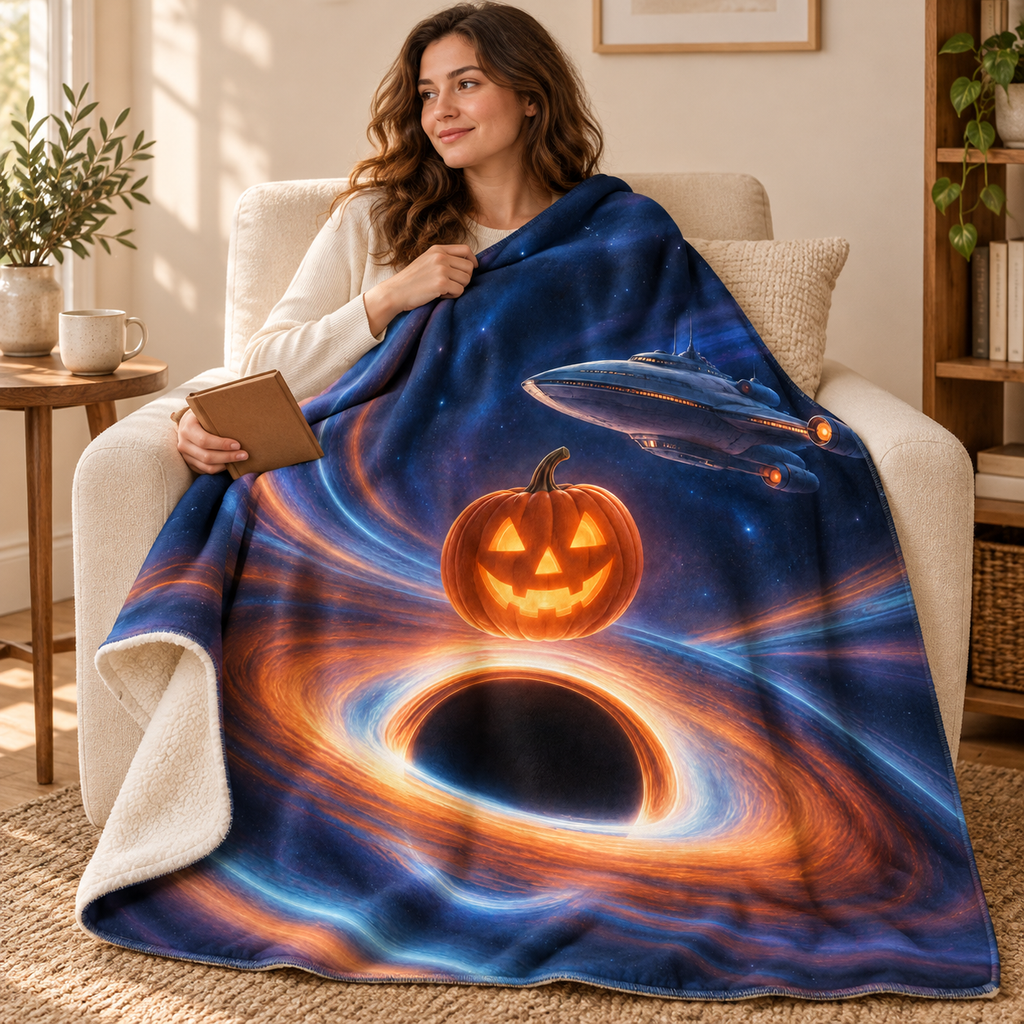 The Black Hole Lantern blanket, wrapped around a reader