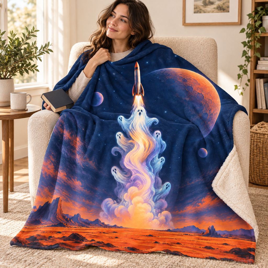 The Ghost Rocket Launch blanket, wrapped around a reader