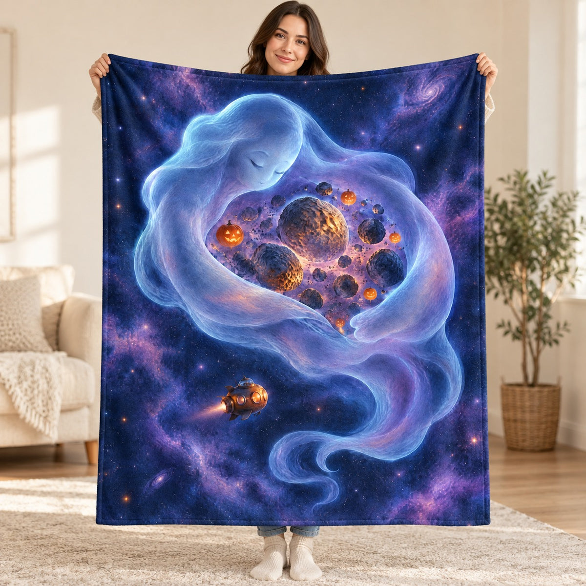 The Sleeping Space Giant blanket, held open
