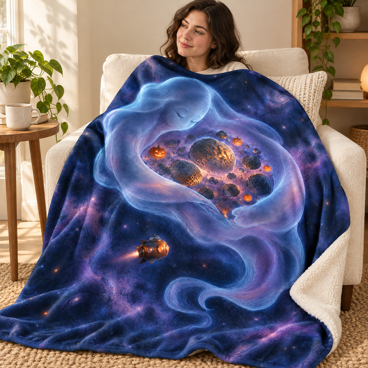 The Sleeping Space Giant blanket, wrapped around a reader