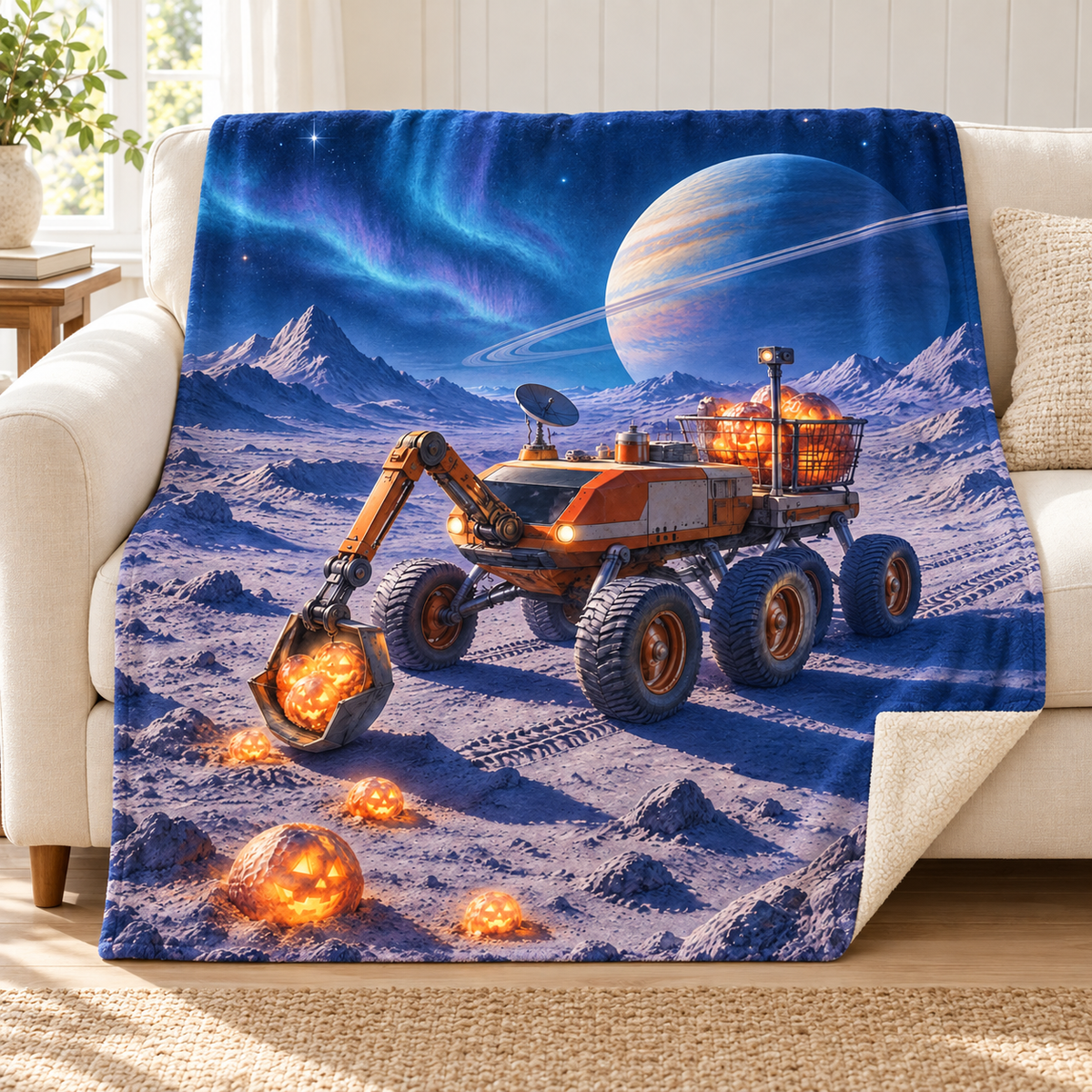 The Halloween Rover blanket, on a sofa