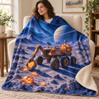 The Halloween Rover blanket, wrapped around a reader