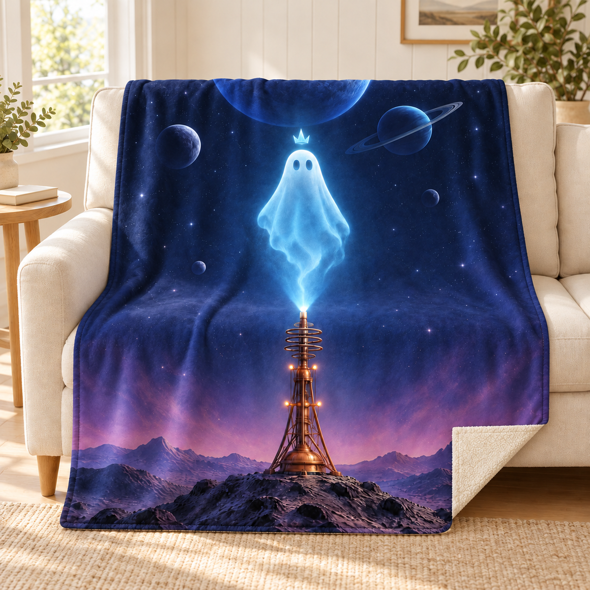 The Last Beacon blanket, on a sofa