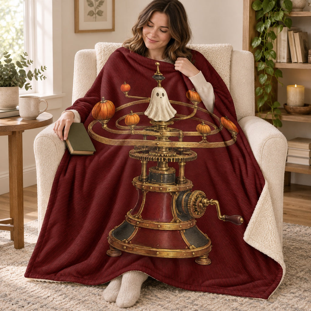 The Pumpkin Orrery blanket, wrapped around a reader