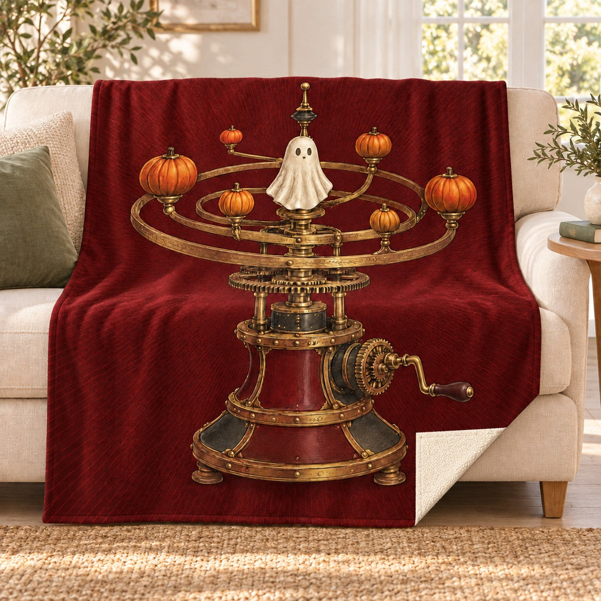 The Pumpkin Orrery blanket, on a sofa