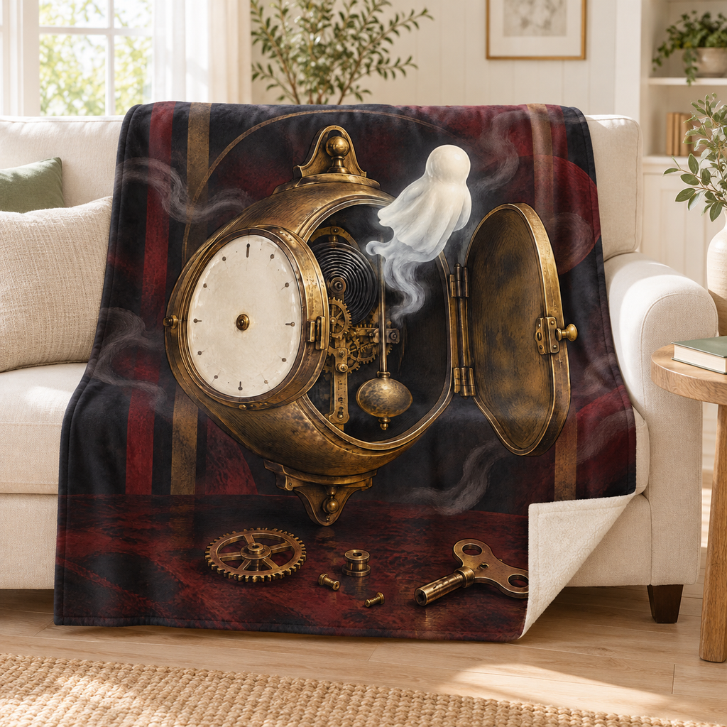 The Midnight Cuckoo Clock blanket, on a sofa