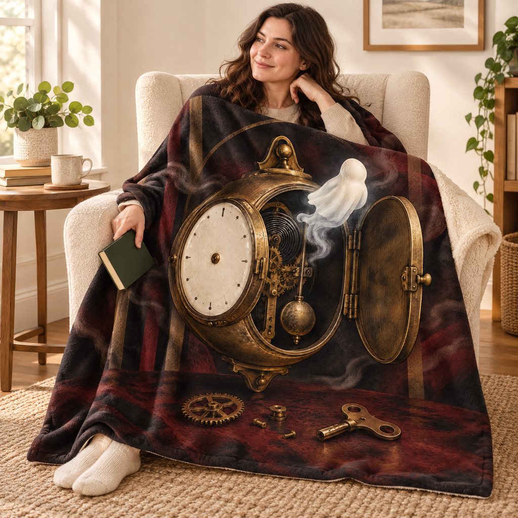 The Midnight Cuckoo Clock blanket, wrapped around a reader