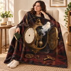 The Midnight Cuckoo Clock blanket, wrapped around a reader