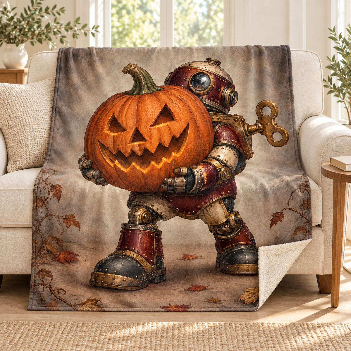 The Lantern Automaton blanket, on a sofa