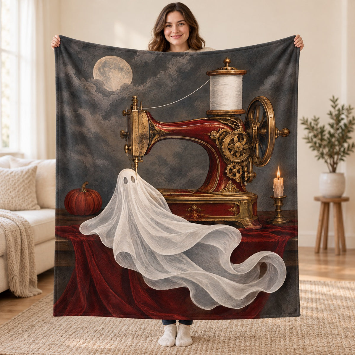 The Ghost Sewing Machine blanket, held open