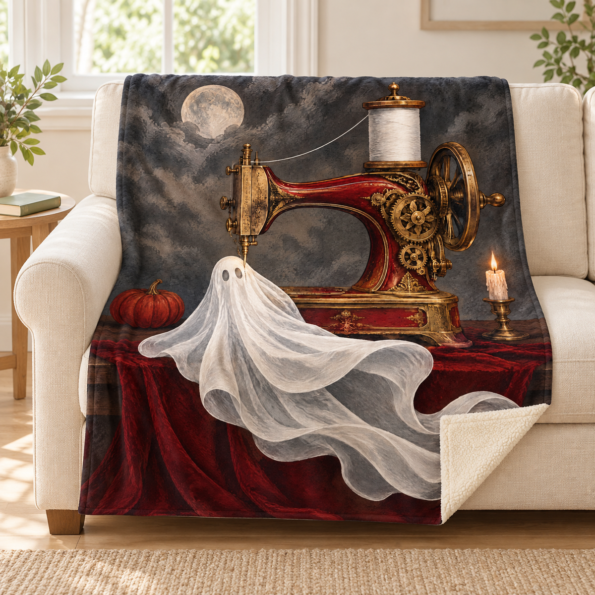 The Ghost Sewing Machine blanket, on a sofa