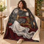 The Ghost Sewing Machine blanket, wrapped around a reader