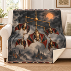 The Brass Bat Mobile blanket, on a sofa