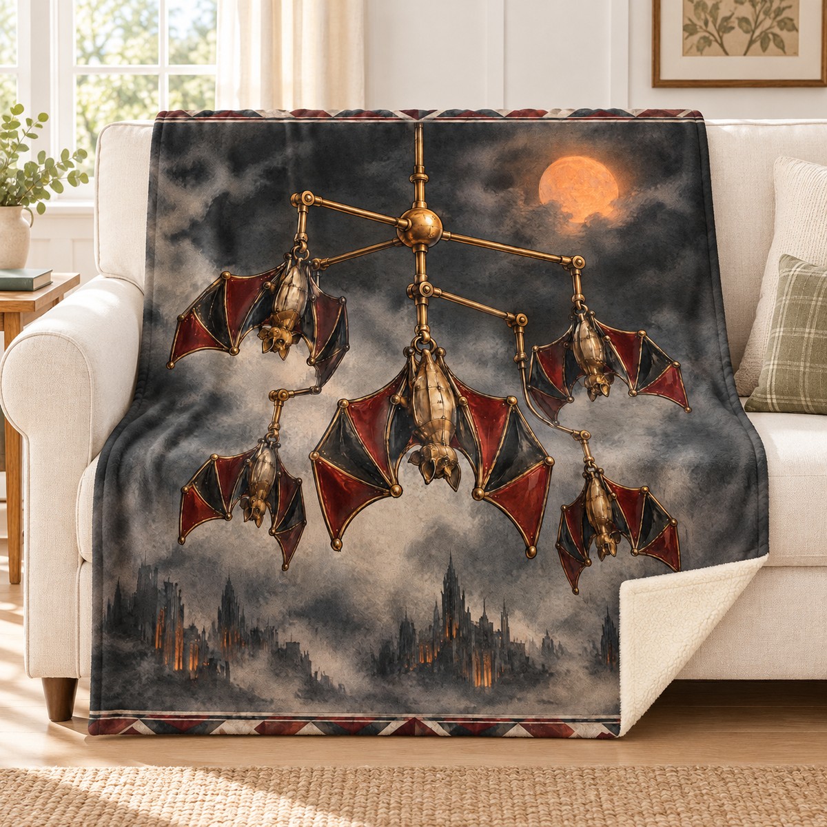 The Brass Bat Mobile blanket, on a sofa