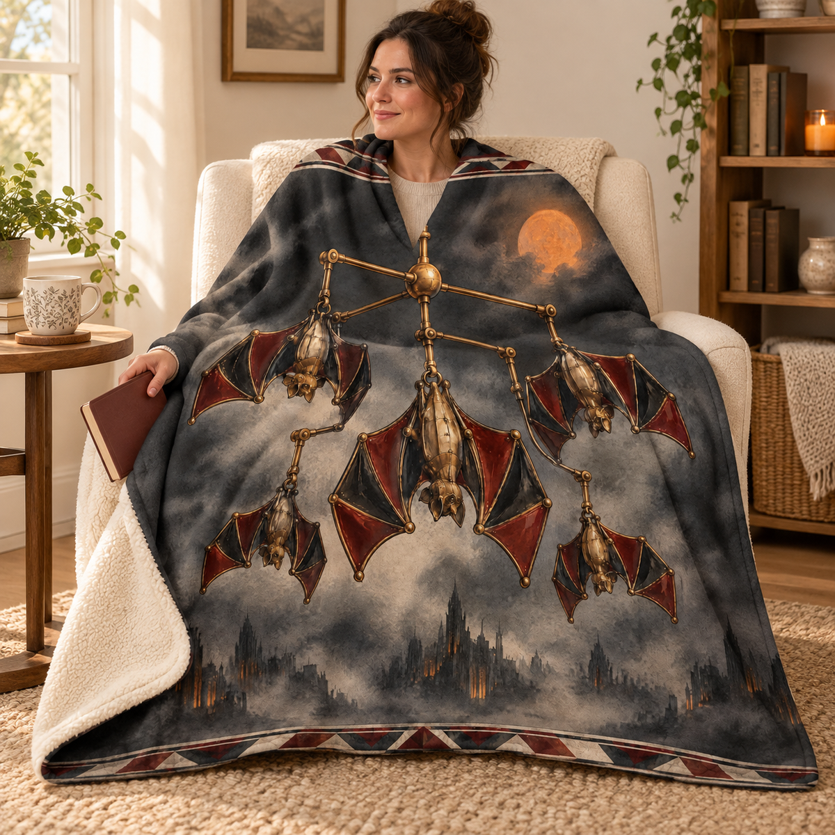 The Brass Bat Mobile blanket, wrapped around a reader