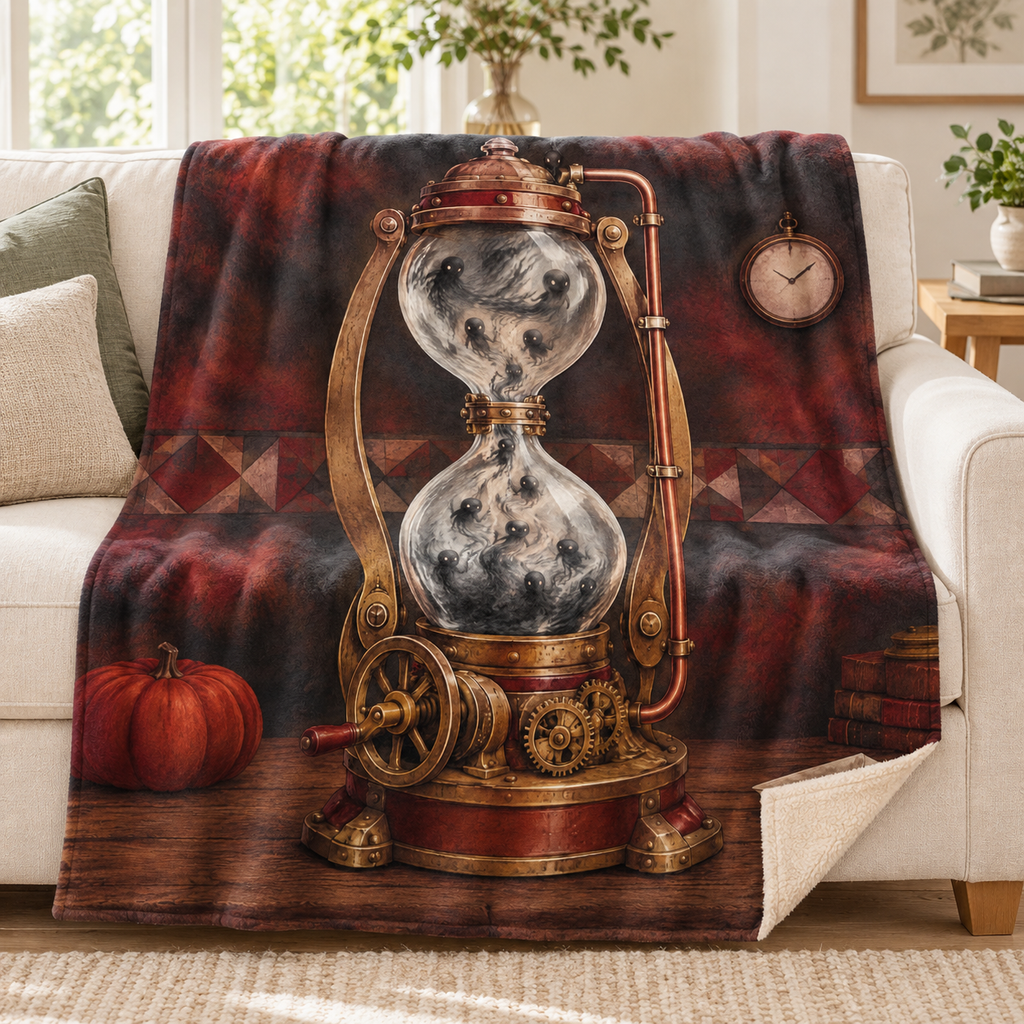 The Hourglass Engine blanket, on a sofa