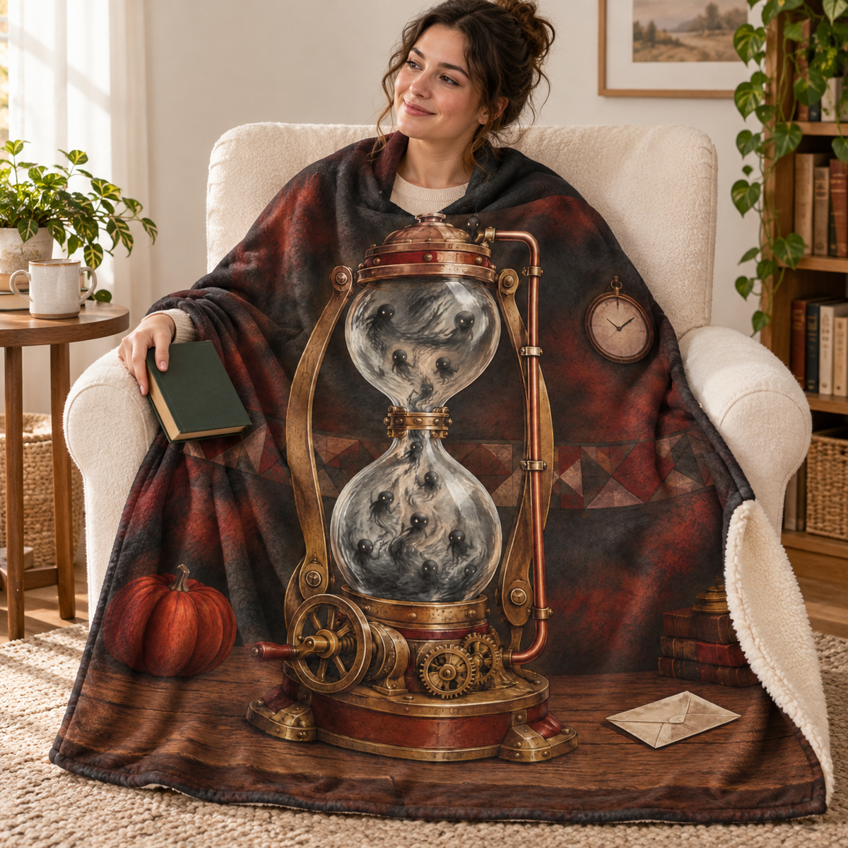 The Hourglass Engine blanket, wrapped around a reader