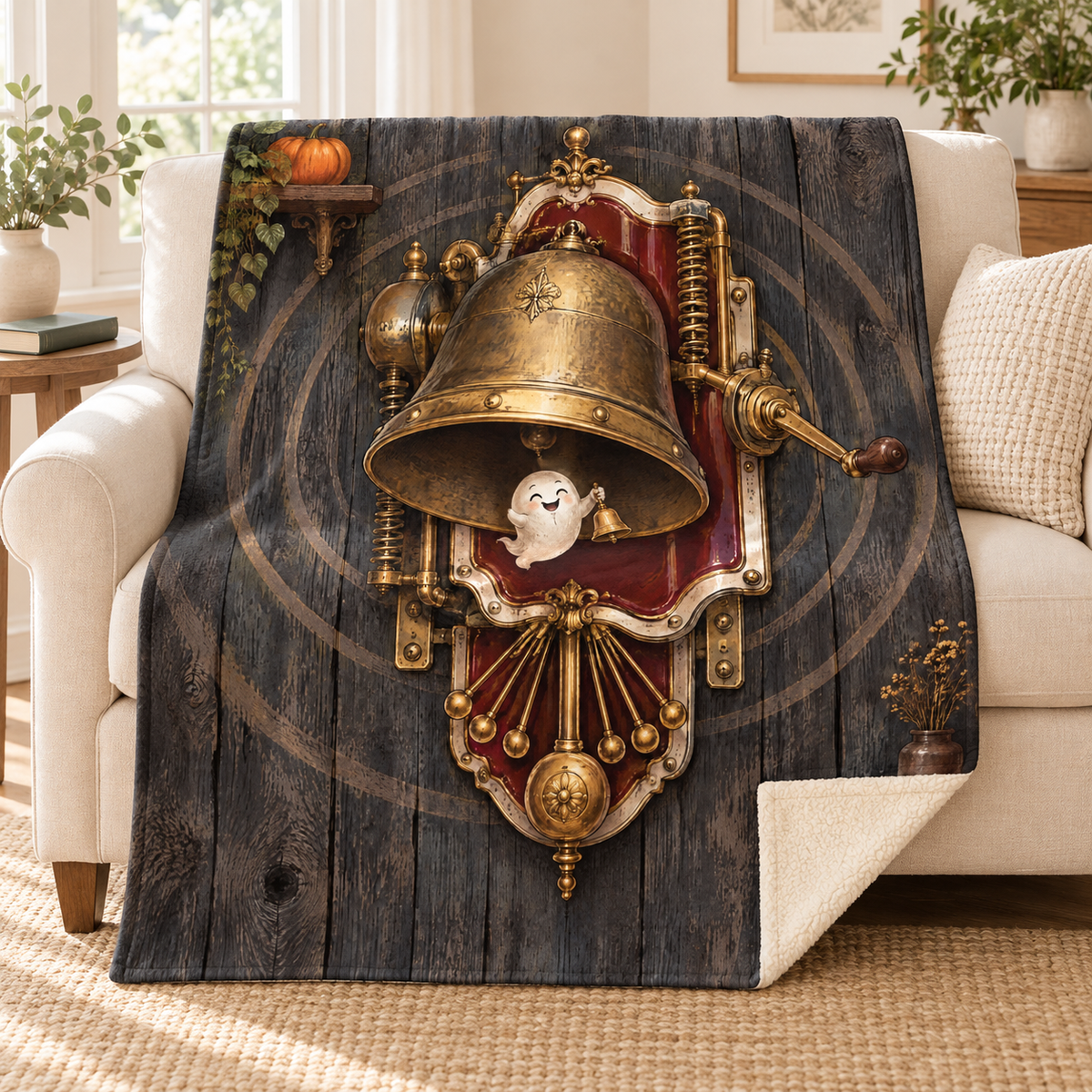 The Doorbell That Answers blanket, on a sofa
