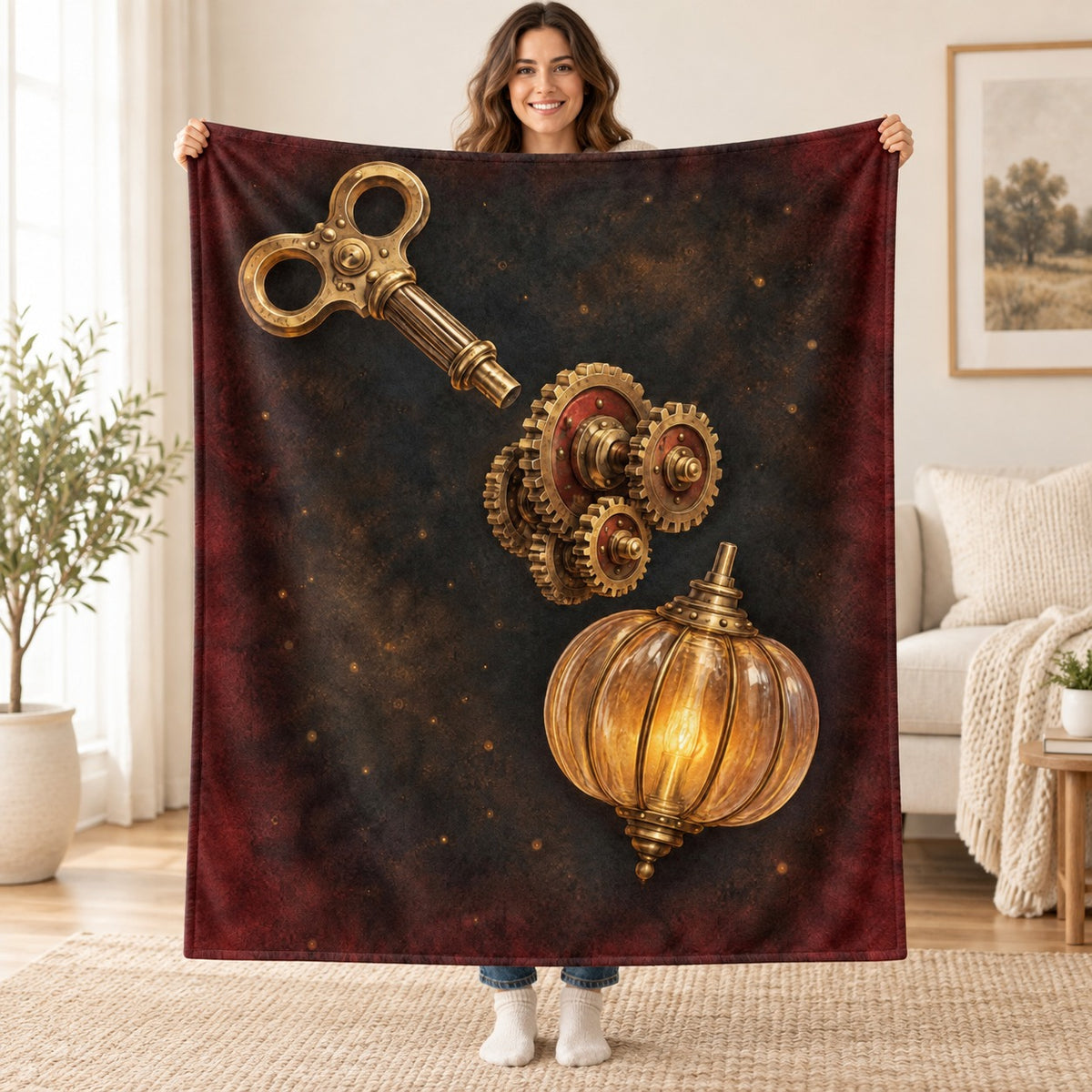 The Pumpkin Winding Key blanket, held open