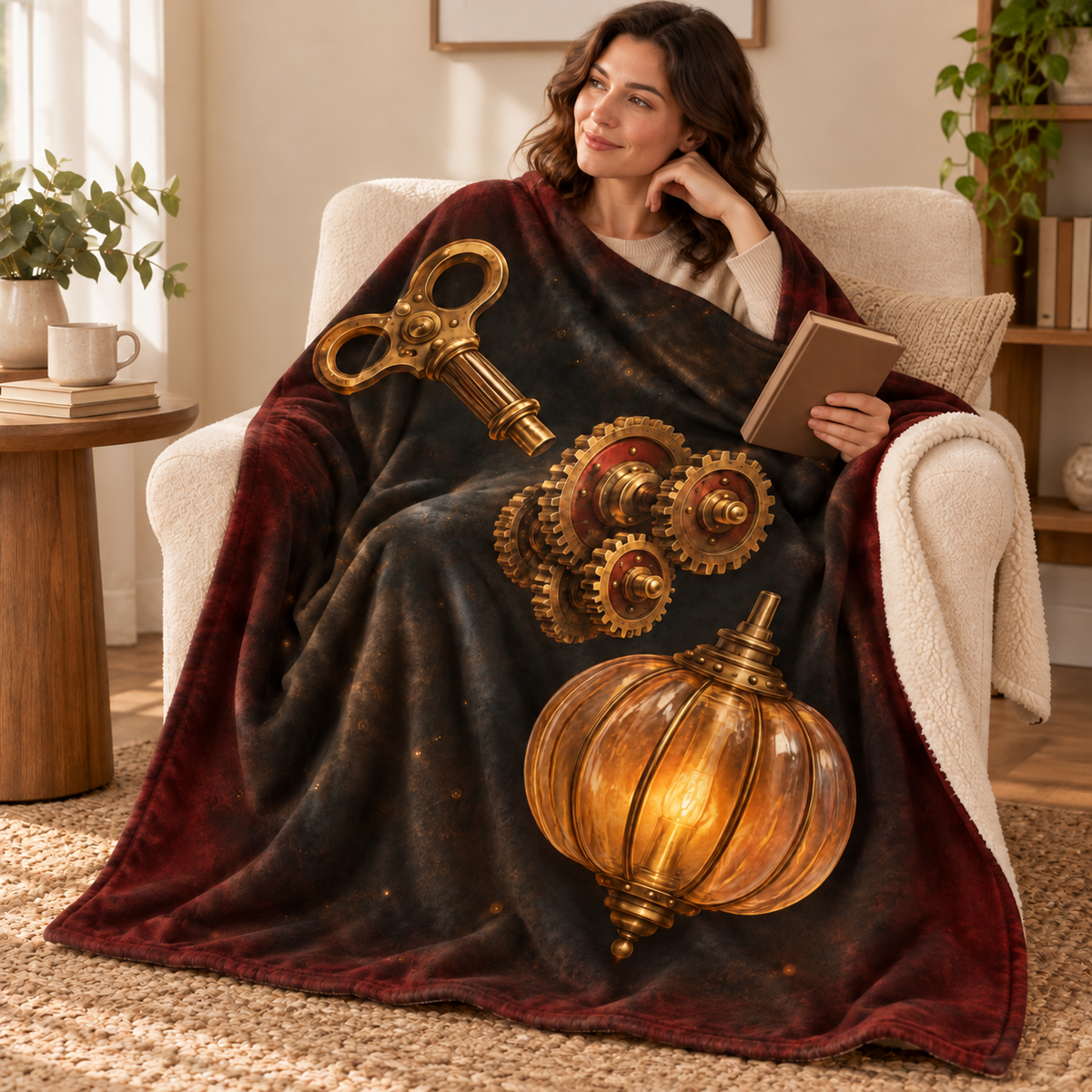 The Pumpkin Winding Key blanket, wrapped around a reader